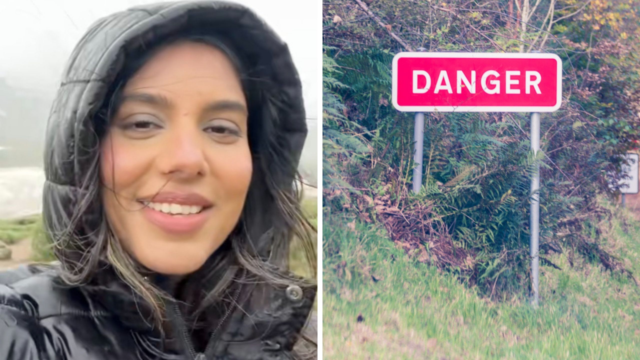 Woman wearing snow jacket (l) Warning danger sign (r)