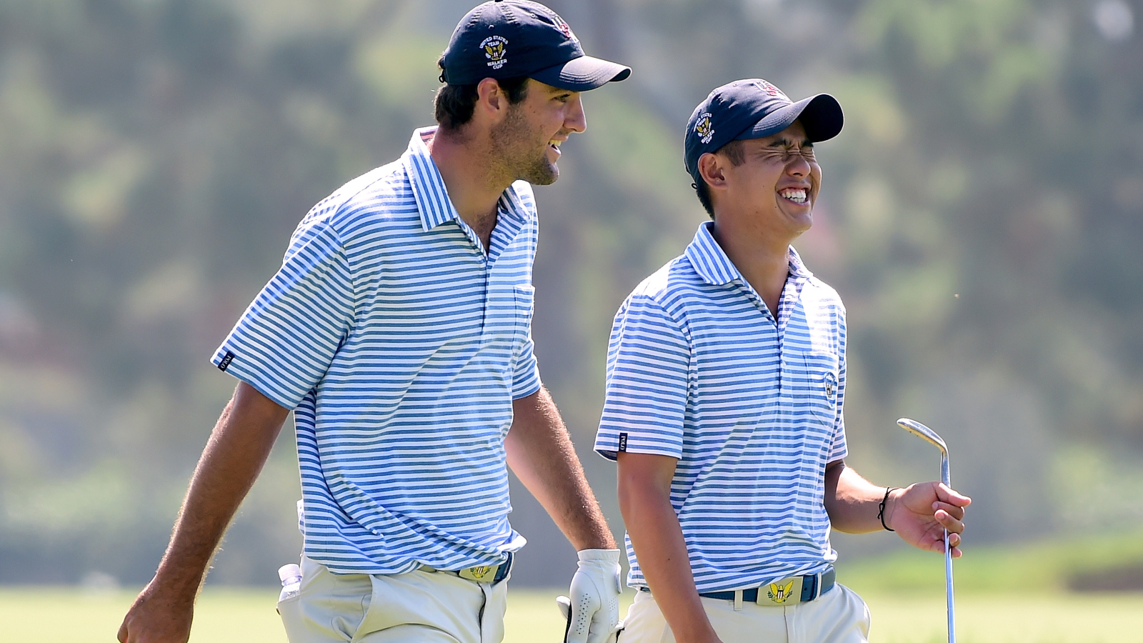 Scottie Scheffler and Collin Morikawa laughing during Walker Cup practice in 2017