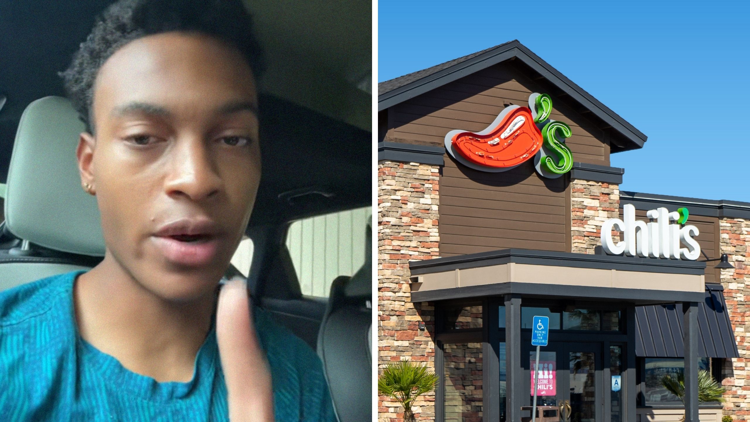 man shares work tip experience (l) Chili's logo (r)