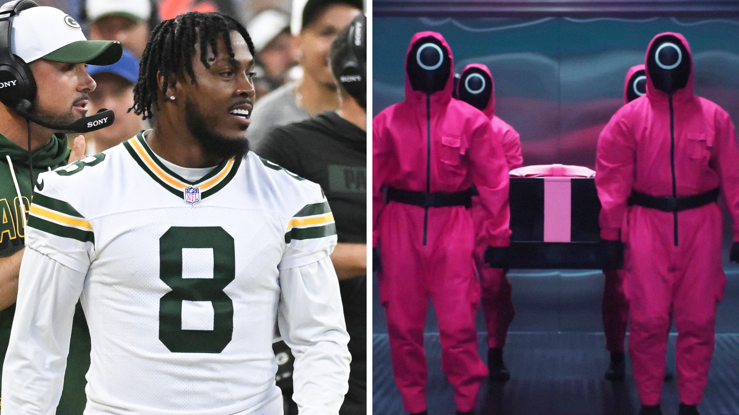 Josh Jacobs (l) Squid Game Characters carrying box(r)