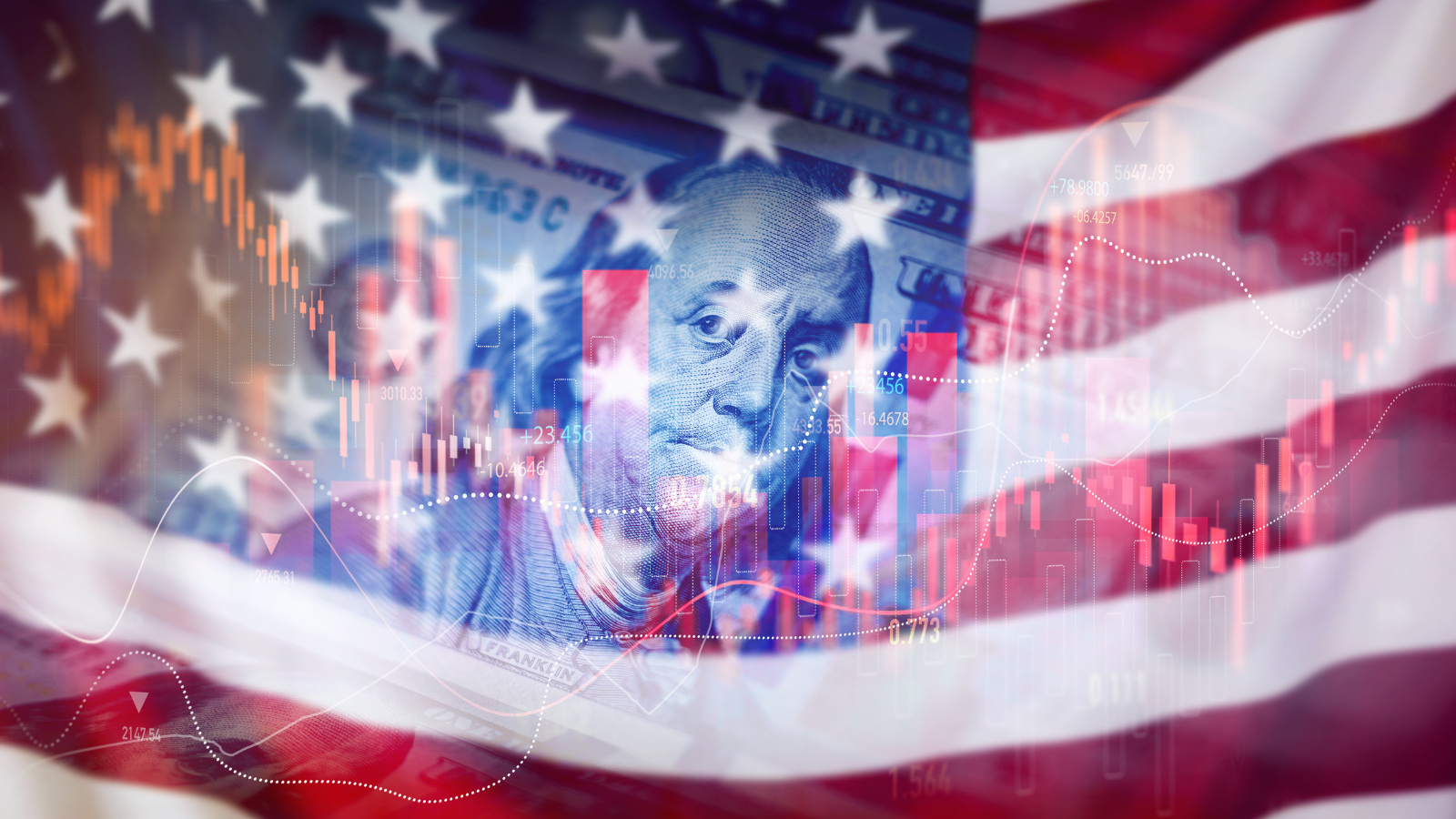 Benjamin Franklin in front of the USA flag