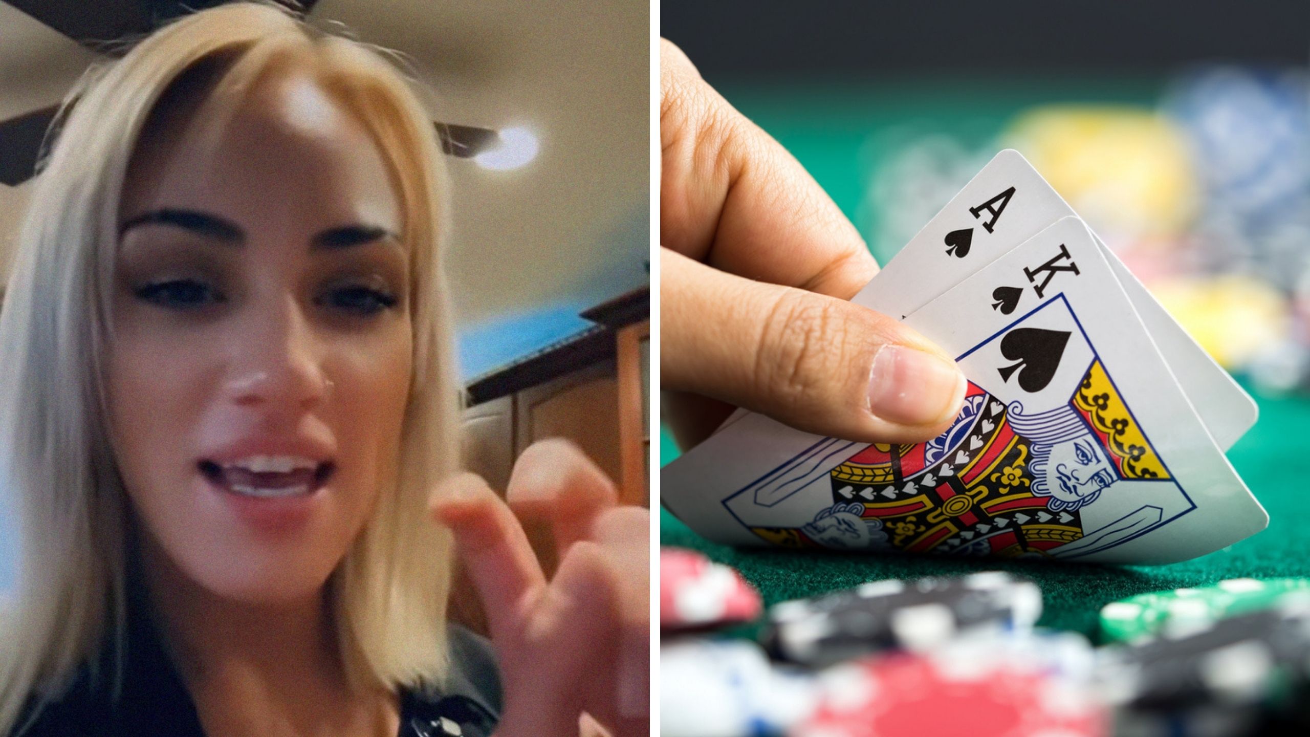 woman sharing her table experience (l) cards at a casino table (r)