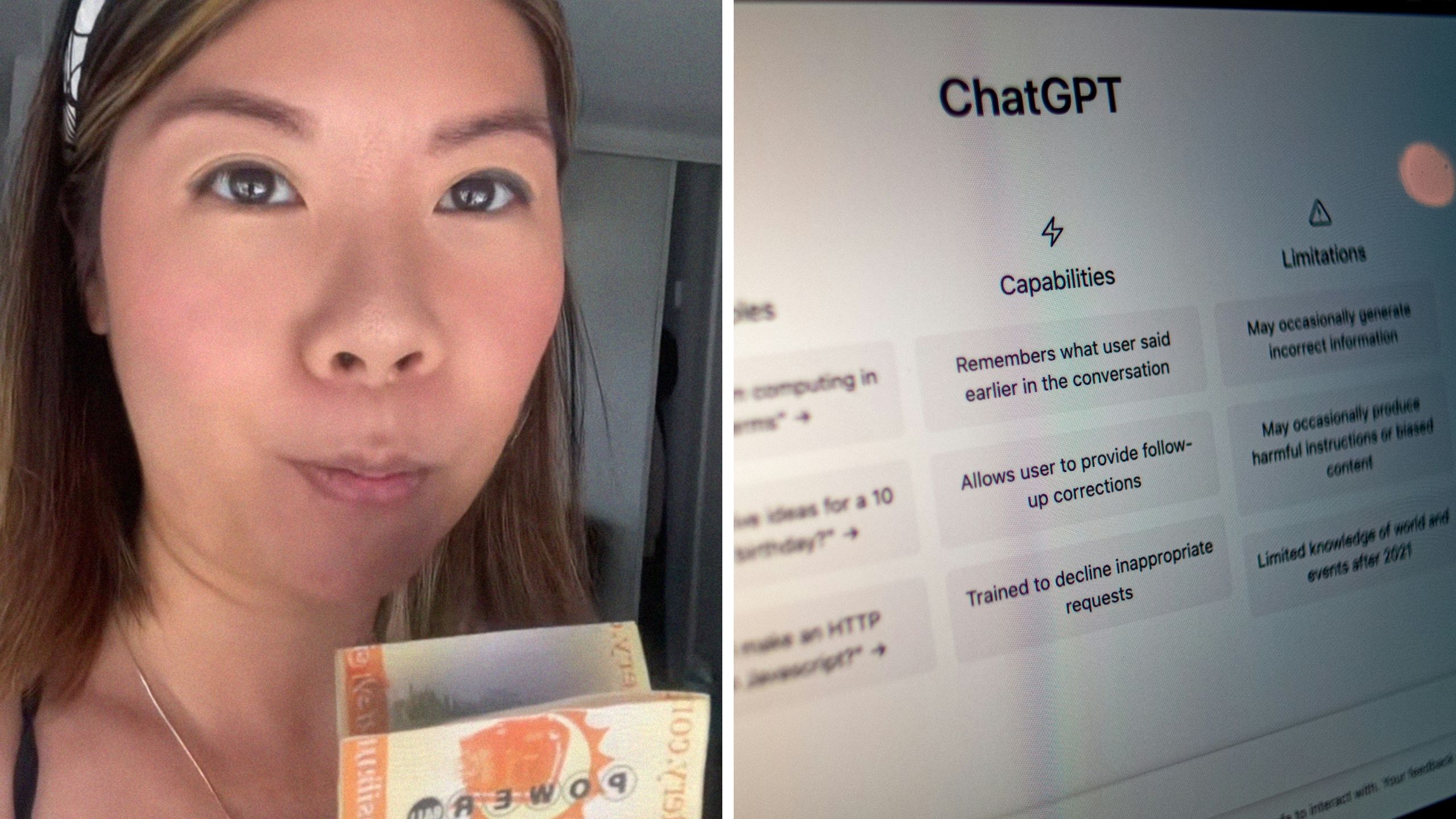 woman holding tickets (l) chat pt (r)