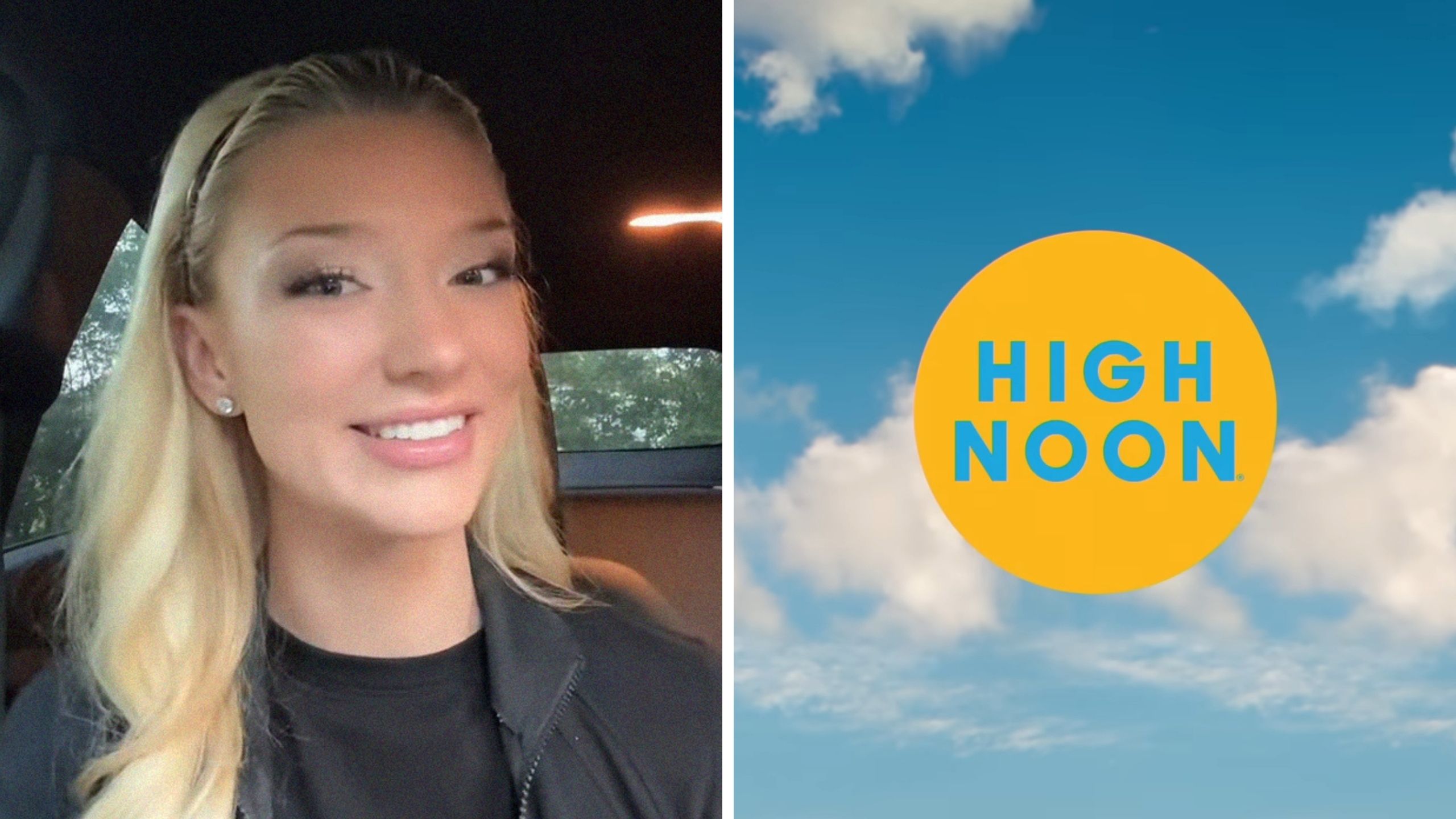 woman shares work experience (l) high noon logo (r)