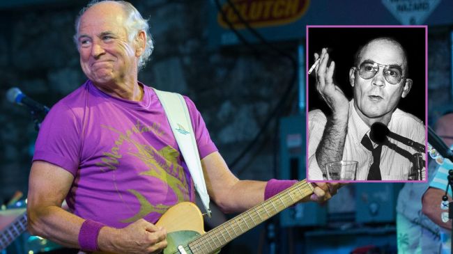 Jimmy Buffett playing a guitar and Hunter S. Thompson