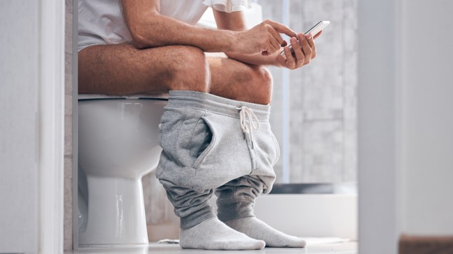 man using phone on toilet