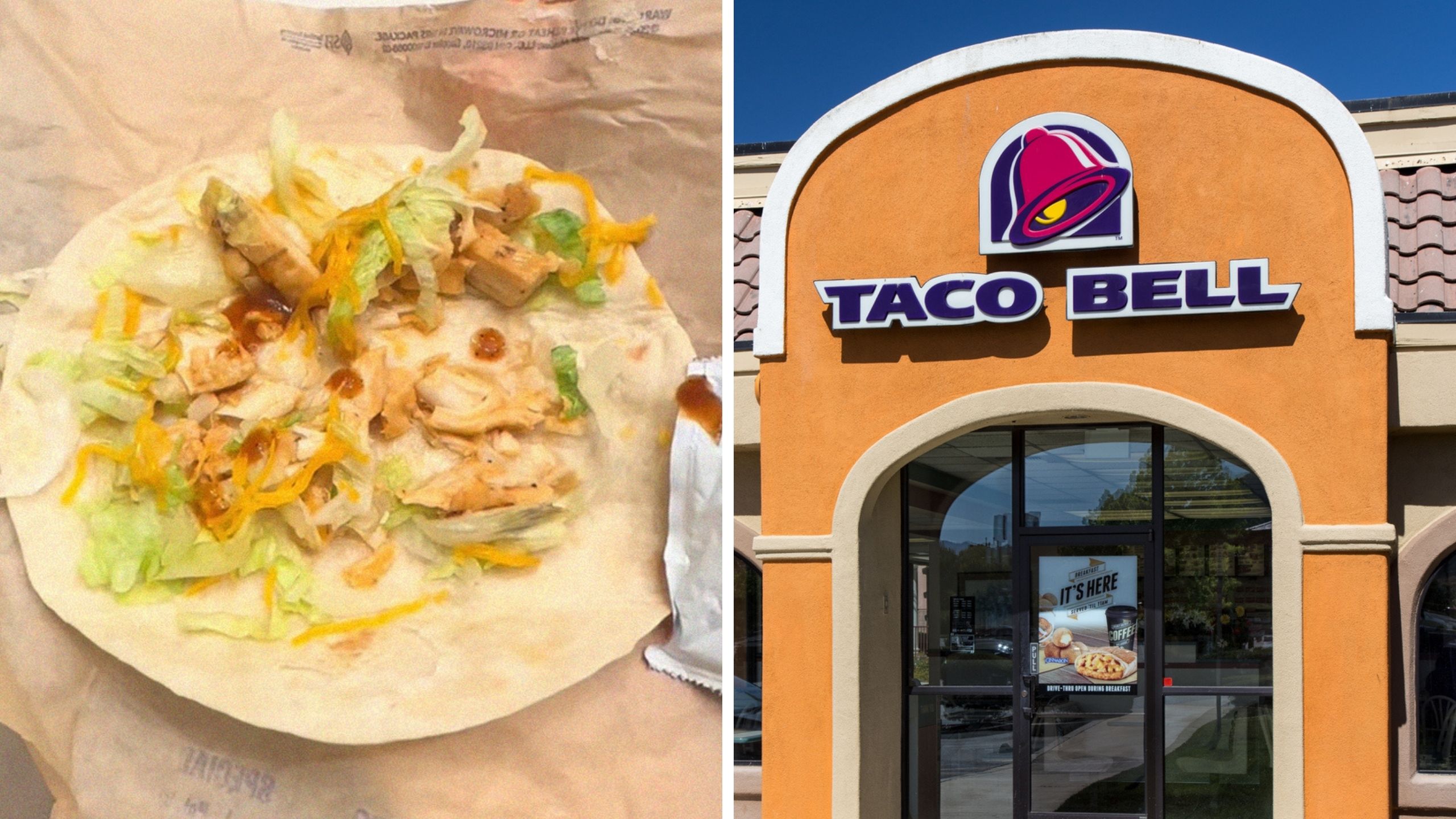 opened taco (l) taco bell logo (r)