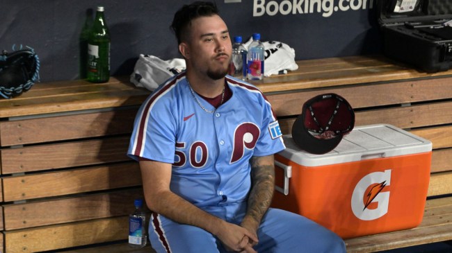 Philadelphia-Phillies-pitcher-Orion-Kerkering-in-the-dugout