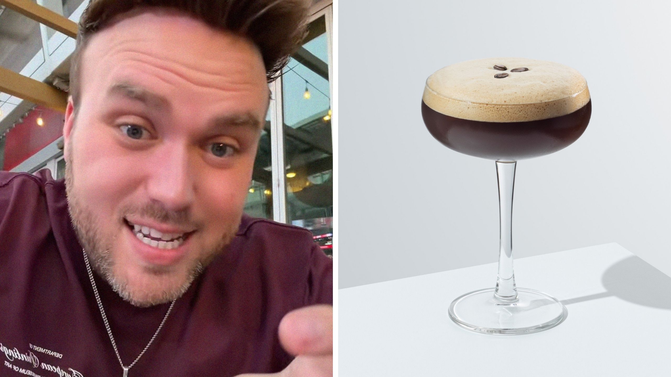 man shows his small martini (l) expresso martini (r)